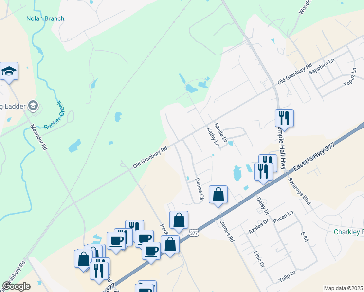 map of restaurants, bars, coffee shops, grocery stores, and more near 619 Donna Circle in Granbury