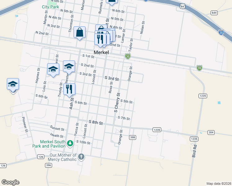 map of restaurants, bars, coffee shops, grocery stores, and more near 406 South Cherry Street in Merkel