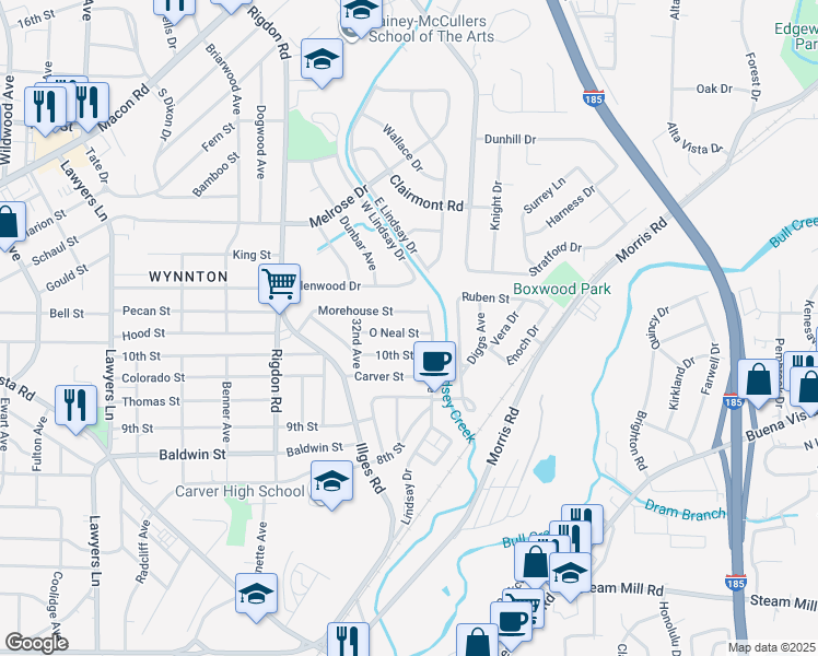 map of restaurants, bars, coffee shops, grocery stores, and more near 3315 O Neal Street in Columbus