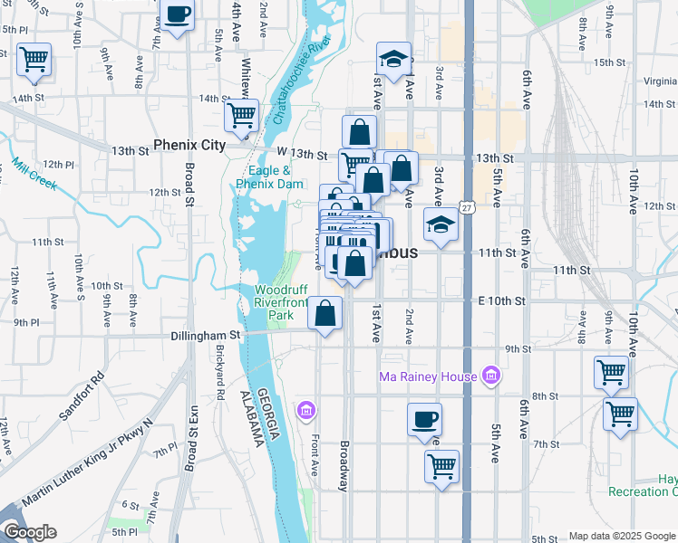 map of restaurants, bars, coffee shops, grocery stores, and more near 1029 Broadway Avenue in Columbus