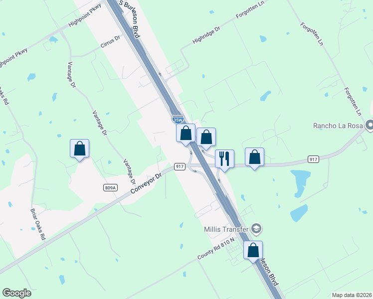 map of restaurants, bars, coffee shops, grocery stores, and more near 3290 Interstate 35W in Burleson