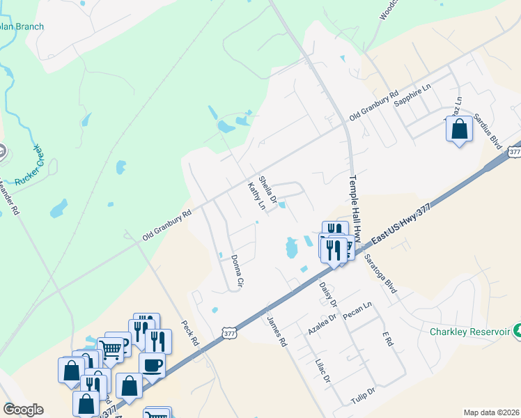 map of restaurants, bars, coffee shops, grocery stores, and more near 306 Kathy Lane in Granbury