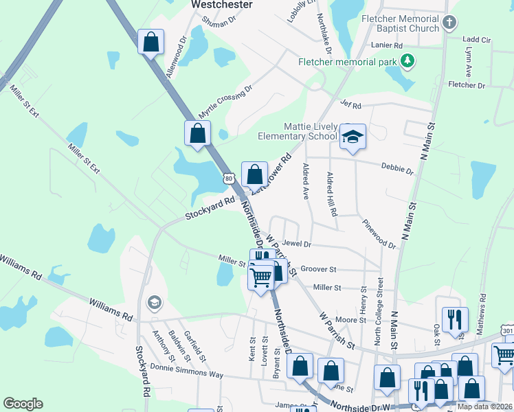 map of restaurants, bars, coffee shops, grocery stores, and more near 3310 Northside Drive West in Statesboro