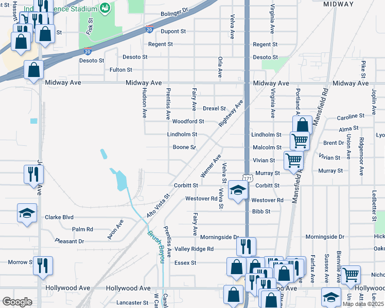 map of restaurants, bars, coffee shops, grocery stores, and more near 4806 Rightway Avenue in Shreveport