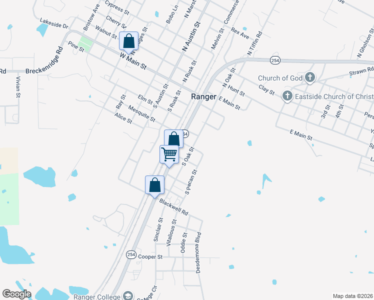 map of restaurants, bars, coffee shops, grocery stores, and more near 409 South Oak Street in Ranger