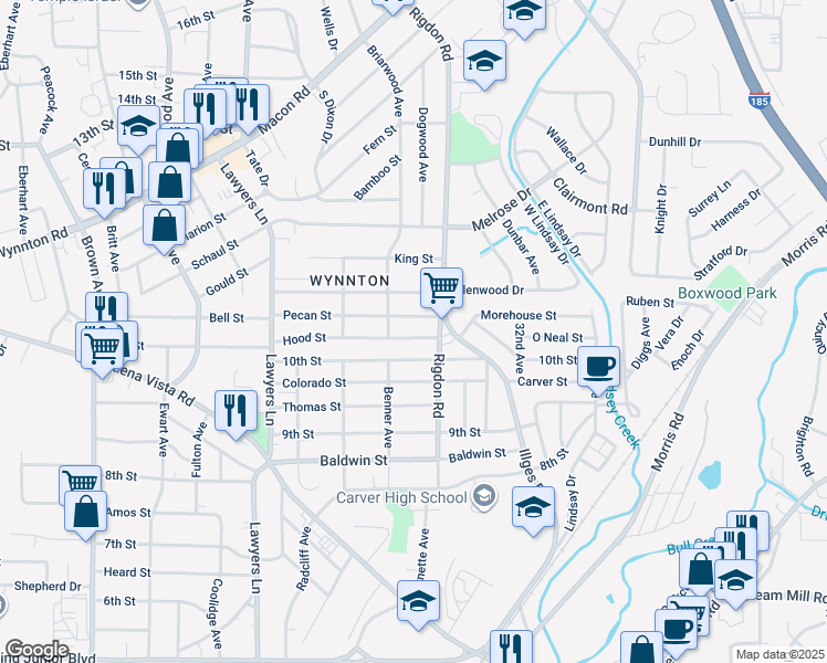 map of restaurants, bars, coffee shops, grocery stores, and more near 2921 Hood Street in Columbus