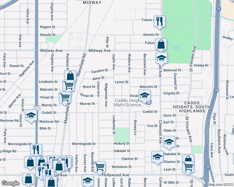 map of restaurants, bars, coffee shops, grocery stores, and more near 1904 Vivian Street in Shreveport