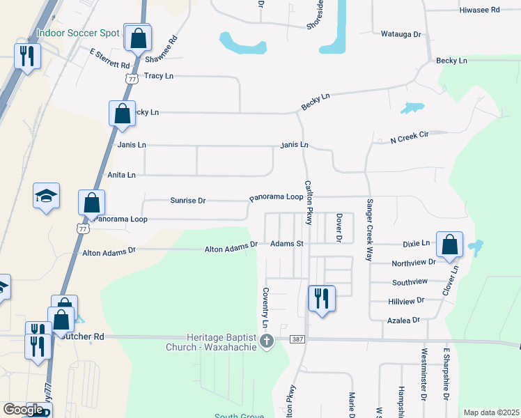 map of restaurants, bars, coffee shops, grocery stores, and more near 101 Windermere Street in Waxahachie