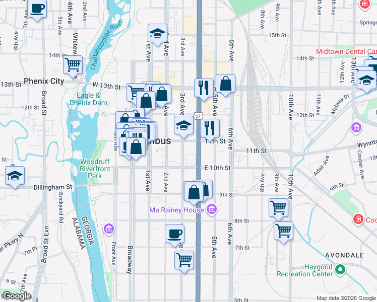 map of restaurants, bars, coffee shops, grocery stores, and more near 320 11th Street in Columbus