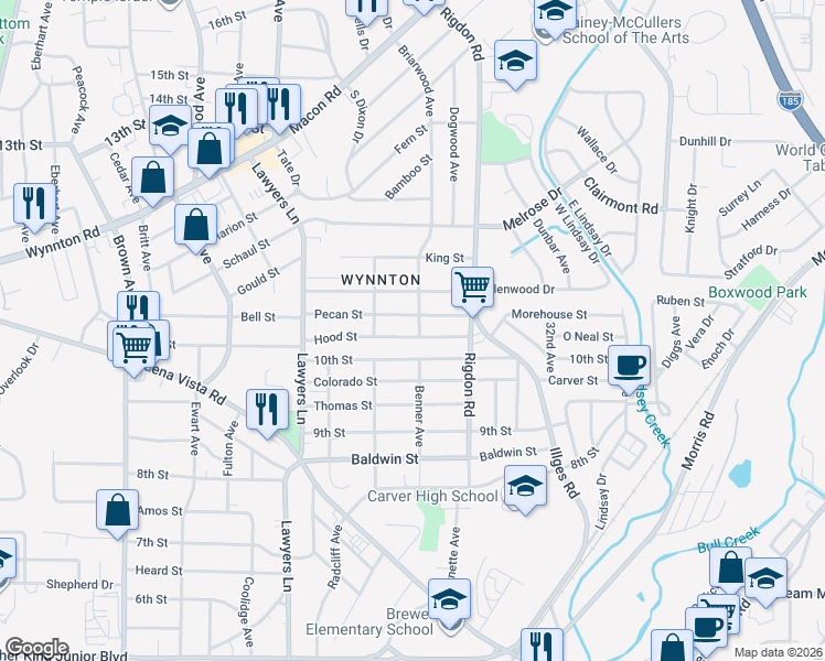 map of restaurants, bars, coffee shops, grocery stores, and more near 2833 Hood Street in Columbus