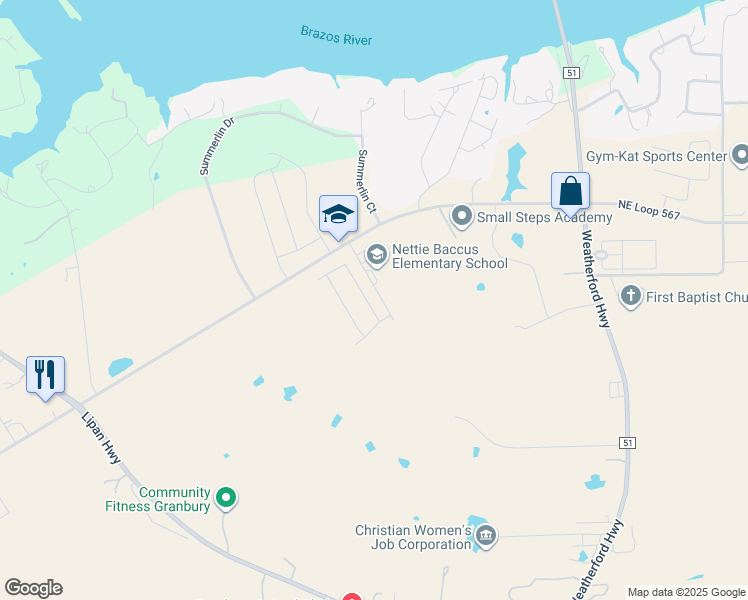 map of restaurants, bars, coffee shops, grocery stores, and more near 1101 Northeast Loop 567 in Granbury