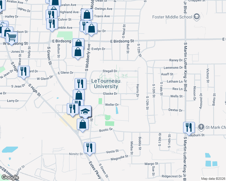 map of restaurants, bars, coffee shops, grocery stores, and more near 2100 South Mobberly Avenue in Longview