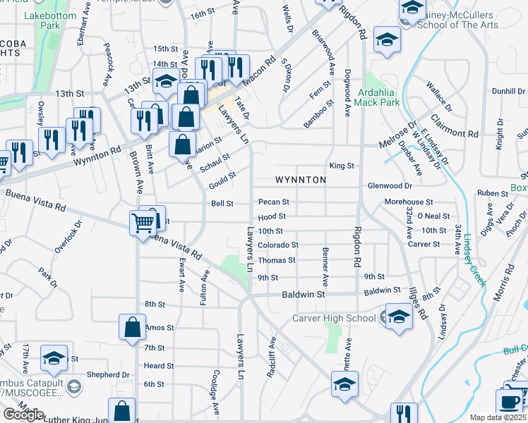 map of restaurants, bars, coffee shops, grocery stores, and more near 2703 Hood Street in Columbus