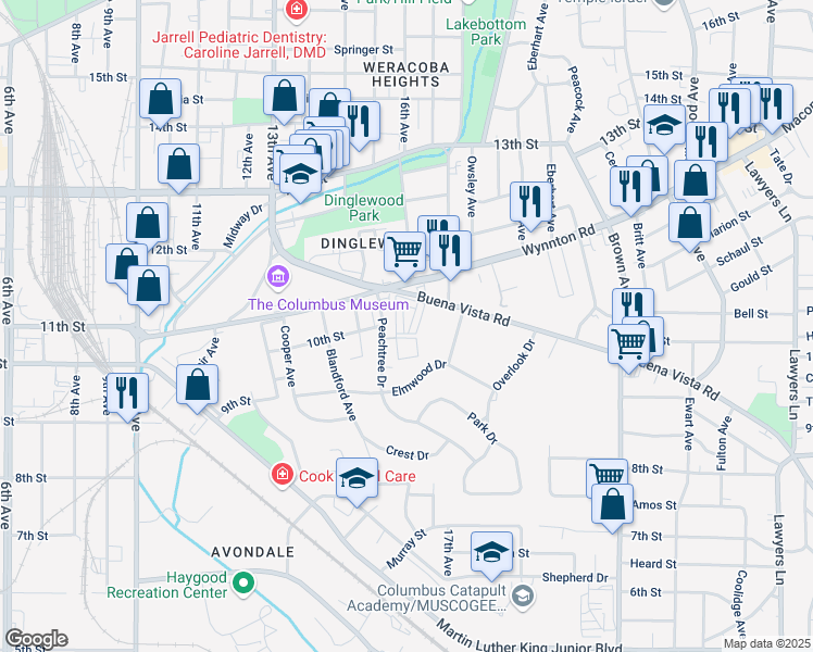 map of restaurants, bars, coffee shops, grocery stores, and more near 1600 Buena Vista Road in Columbus