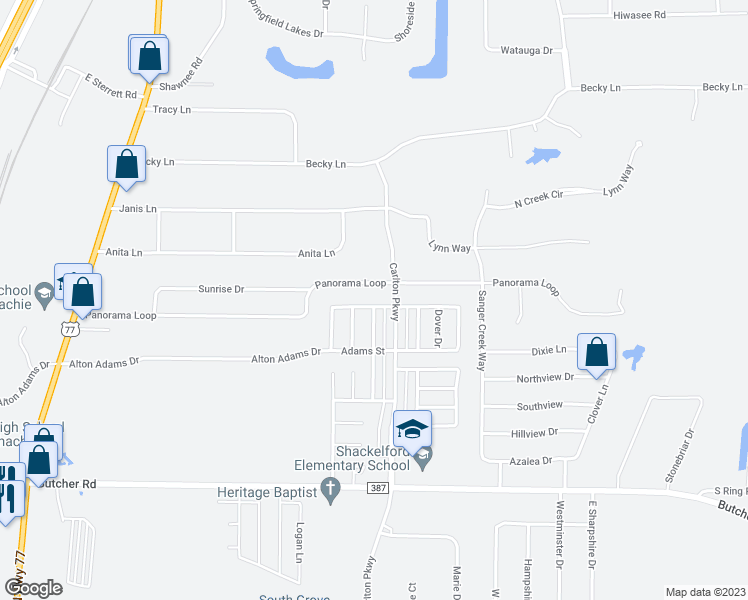 map of restaurants, bars, coffee shops, grocery stores, and more near 121 Windermere Street in Waxahachie