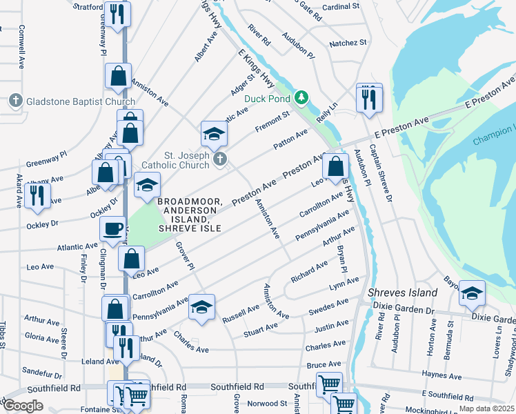 map of restaurants, bars, coffee shops, grocery stores, and more near 202 Leo Avenue in Shreveport