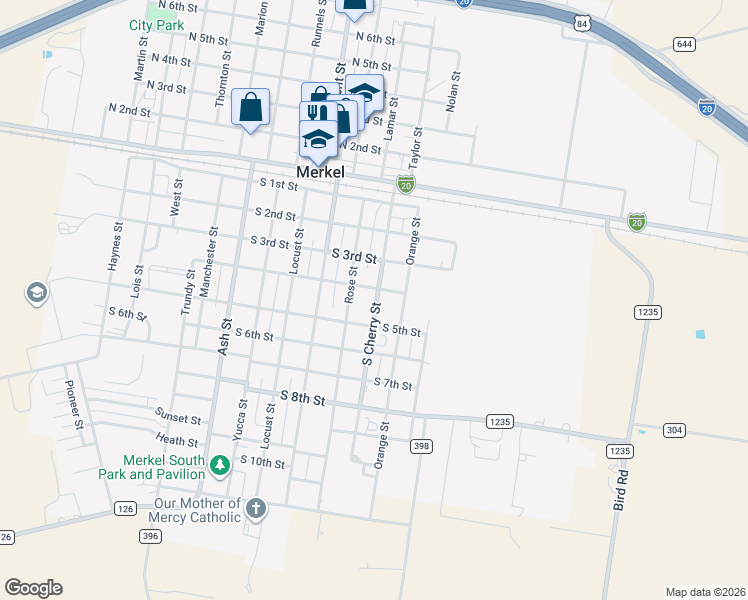 map of restaurants, bars, coffee shops, grocery stores, and more near 406 South Cherry Street in Merkel