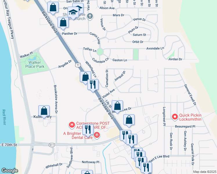 map of restaurants, bars, coffee shops, grocery stores, and more near 5325 Carnation Street in Bossier City
