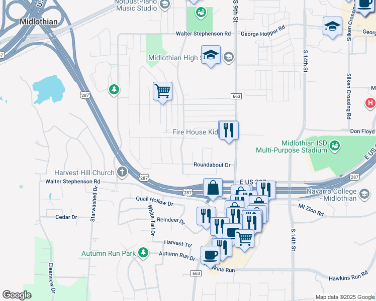 map of restaurants, bars, coffee shops, grocery stores, and more near 1635 Greenway Court in Midlothian