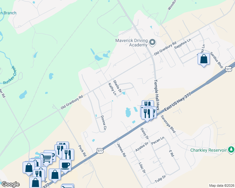map of restaurants, bars, coffee shops, grocery stores, and more near 305 Kathy Lane in Granbury