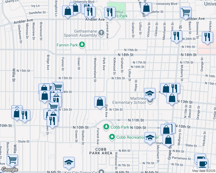 map of restaurants, bars, coffee shops, grocery stores, and more near 1433 Park Avenue in Abilene
