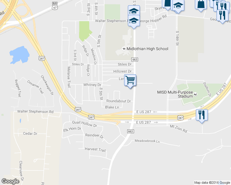 map of restaurants, bars, coffee shops, grocery stores, and more near 1632 West Pleasant Drive in Midlothian