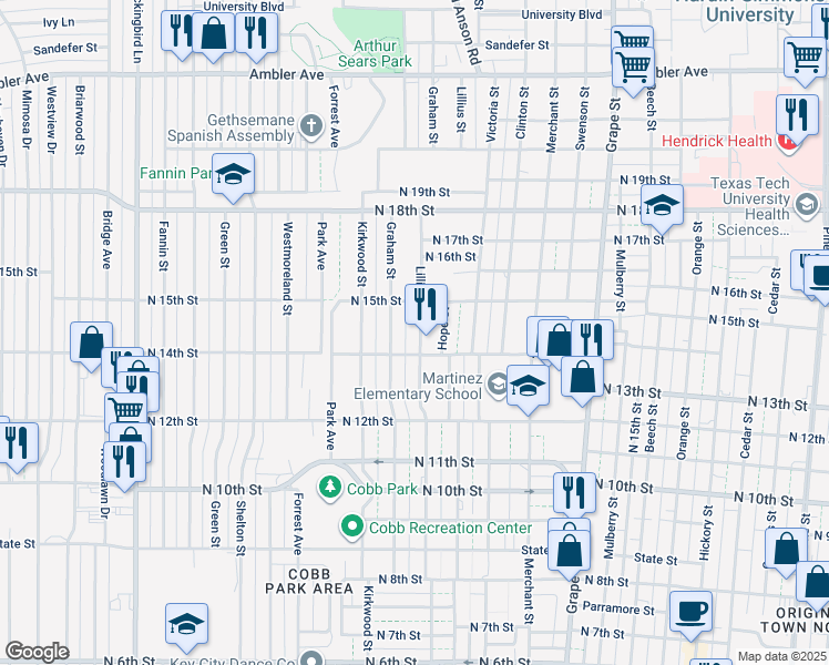 map of restaurants, bars, coffee shops, grocery stores, and more near 1434 Lillius Street in Abilene