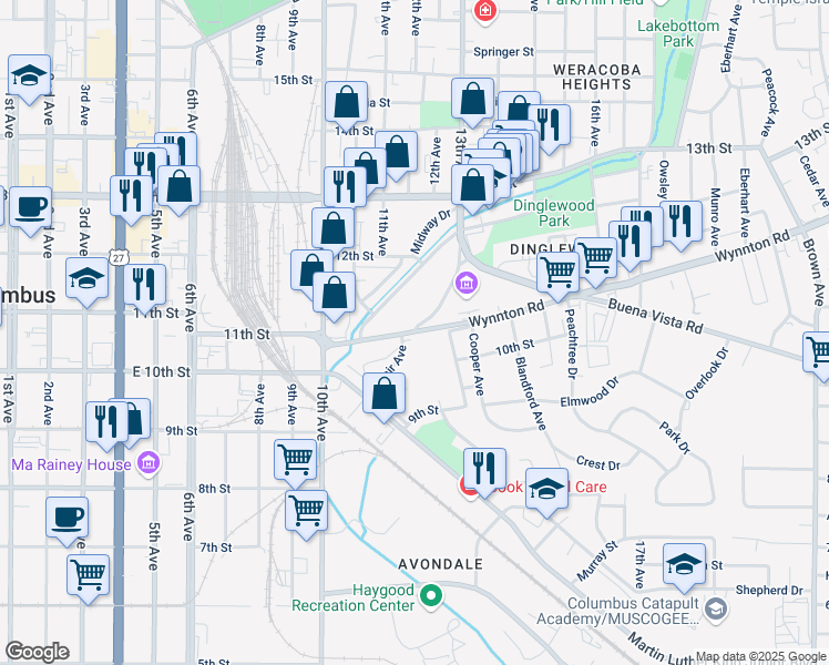 map of restaurants, bars, coffee shops, grocery stores, and more near 1198 Wynnton Road in Columbus