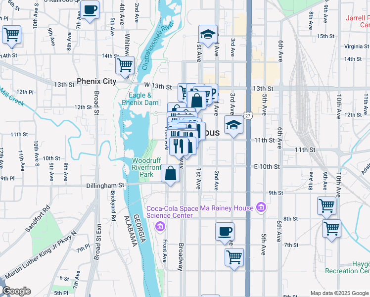 map of restaurants, bars, coffee shops, grocery stores, and more near 1030 Broadway in Columbus