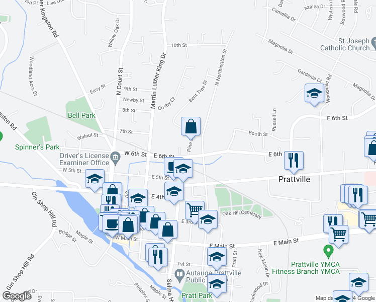 map of restaurants, bars, coffee shops, grocery stores, and more near 215 Pine Street in Prattville