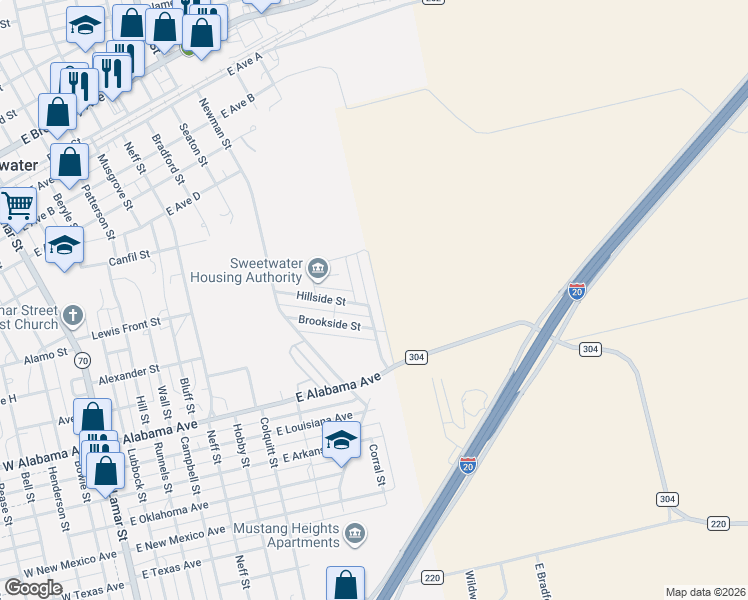 map of restaurants, bars, coffee shops, grocery stores, and more near 1301 Town Creek Drive in Sweetwater