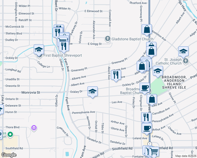 map of restaurants, bars, coffee shops, grocery stores, and more near 424 Albert Avenue in Shreveport