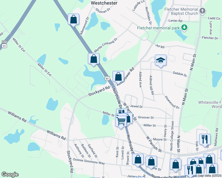 map of restaurants, bars, coffee shops, grocery stores, and more near 3349 Northside Drive West in Statesboro