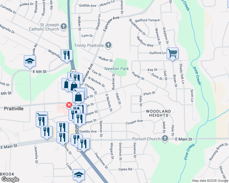 map of restaurants, bars, coffee shops, grocery stores, and more near 115 Odell Street in Prattville