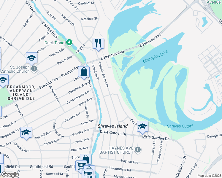 map of restaurants, bars, coffee shops, grocery stores, and more near 1619 Captain Shreve Drive in Shreveport