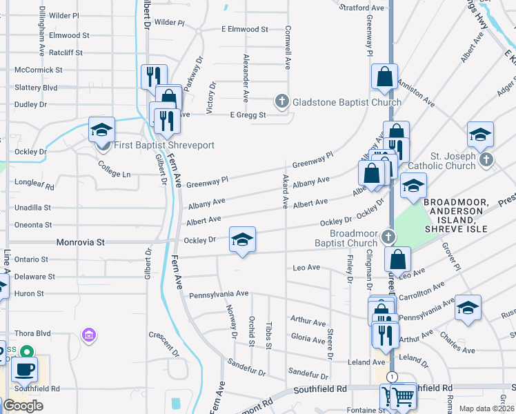 map of restaurants, bars, coffee shops, grocery stores, and more near 424 Albert Avenue in Shreveport