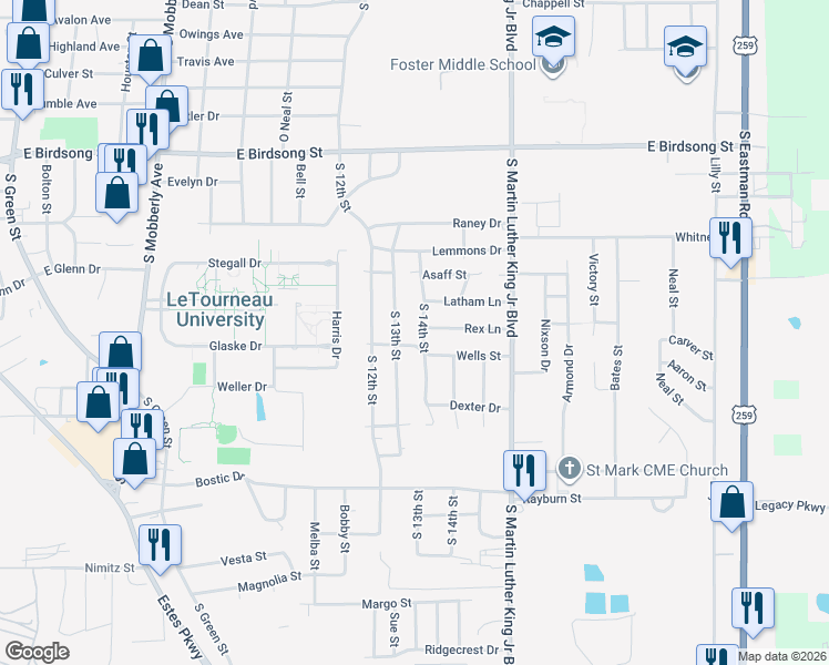 map of restaurants, bars, coffee shops, grocery stores, and more near 2216 South 13th Street in Longview