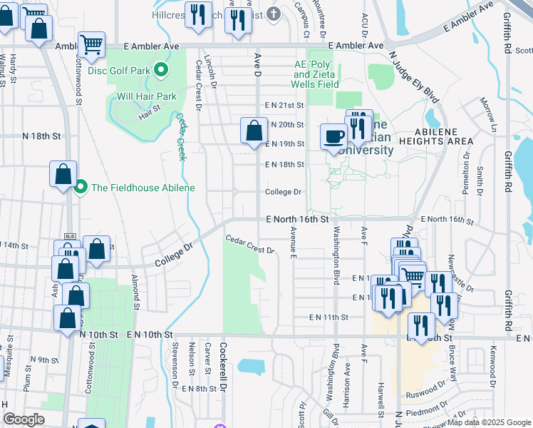map of restaurants, bars, coffee shops, grocery stores, and more near 604 East North 16th Street in Abilene