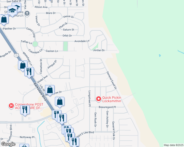 map of restaurants, bars, coffee shops, grocery stores, and more near 2105 Gen Mouton Drive in Bossier City