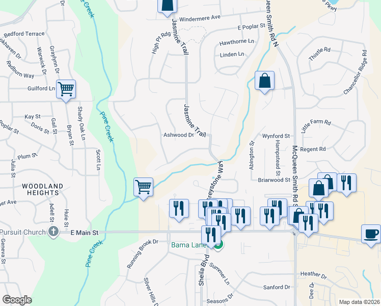 map of restaurants, bars, coffee shops, grocery stores, and more near 1690 Rambling Brook Lane in Prattville