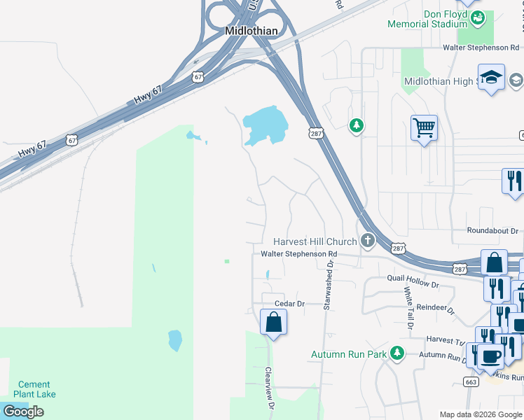 map of restaurants, bars, coffee shops, grocery stores, and more near 1510 Broken Spoke Court in Midlothian