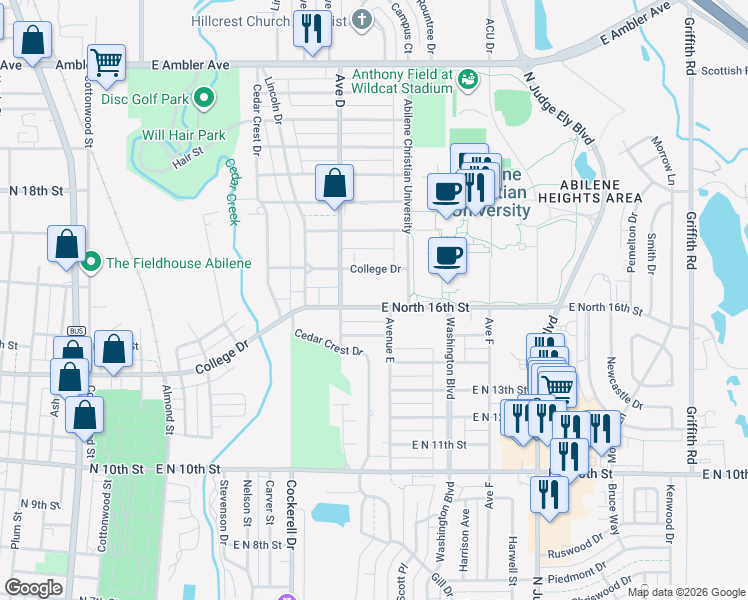 map of restaurants, bars, coffee shops, grocery stores, and more near 666 East North 16th Street in Abilene