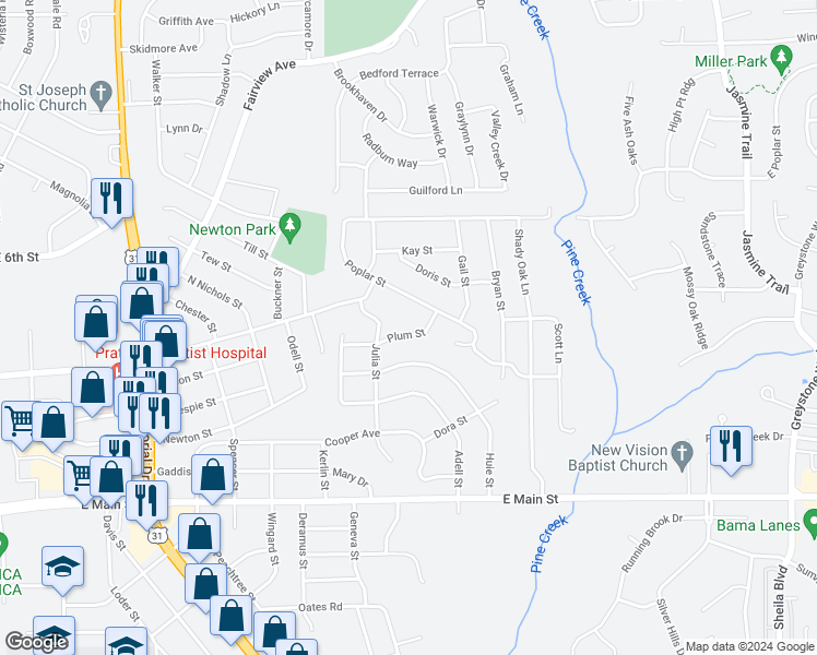 map of restaurants, bars, coffee shops, grocery stores, and more near 1263 Plum Street in Prattville
