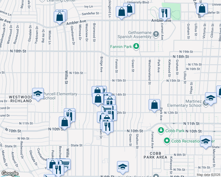 map of restaurants, bars, coffee shops, grocery stores, and more near 1425 North Mockingbird Lane in Abilene