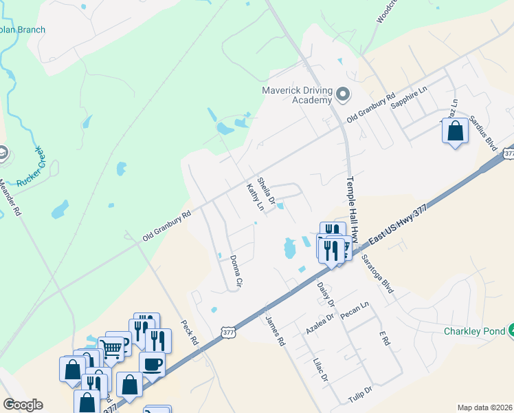 map of restaurants, bars, coffee shops, grocery stores, and more near 306 Kathy Lane in Granbury
