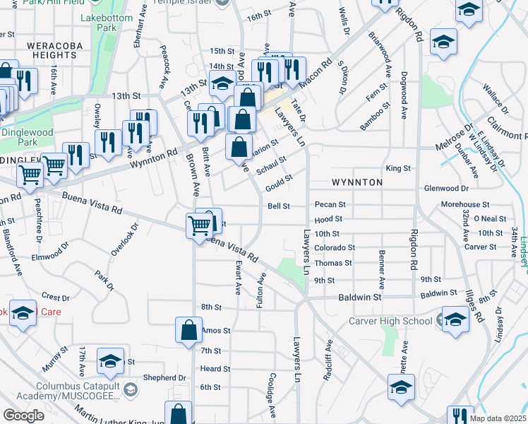 map of restaurants, bars, coffee shops, grocery stores, and more near 2400 Bell Street in Columbus