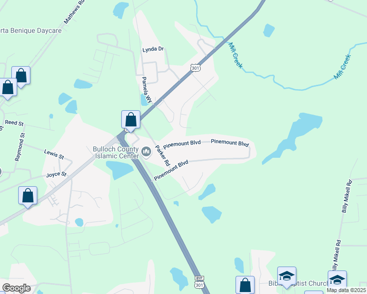 map of restaurants, bars, coffee shops, grocery stores, and more near 2065 Pinemount Boulevard in Statesboro