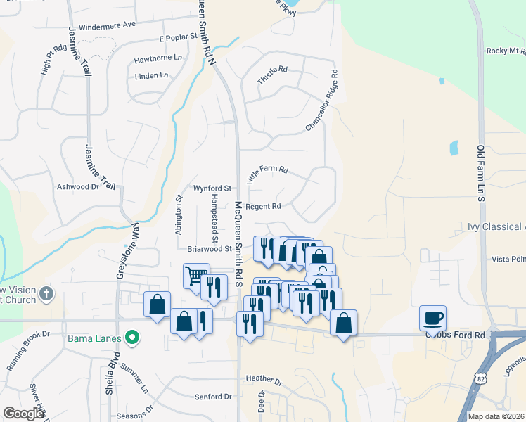 map of restaurants, bars, coffee shops, grocery stores, and more near 1914 Regent Road in Prattville