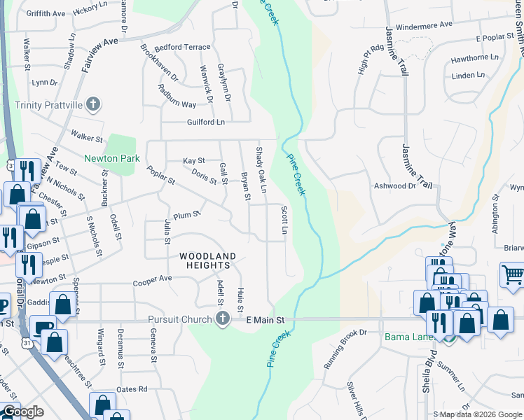 map of restaurants, bars, coffee shops, grocery stores, and more near 128 Shady Oak Lane in Prattville