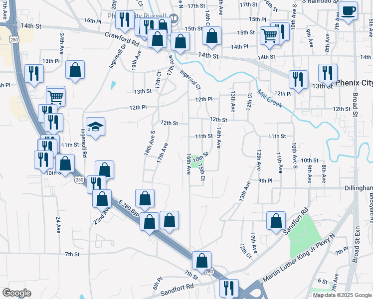 map of restaurants, bars, coffee shops, grocery stores, and more near 941 16th Avenue in Phenix City